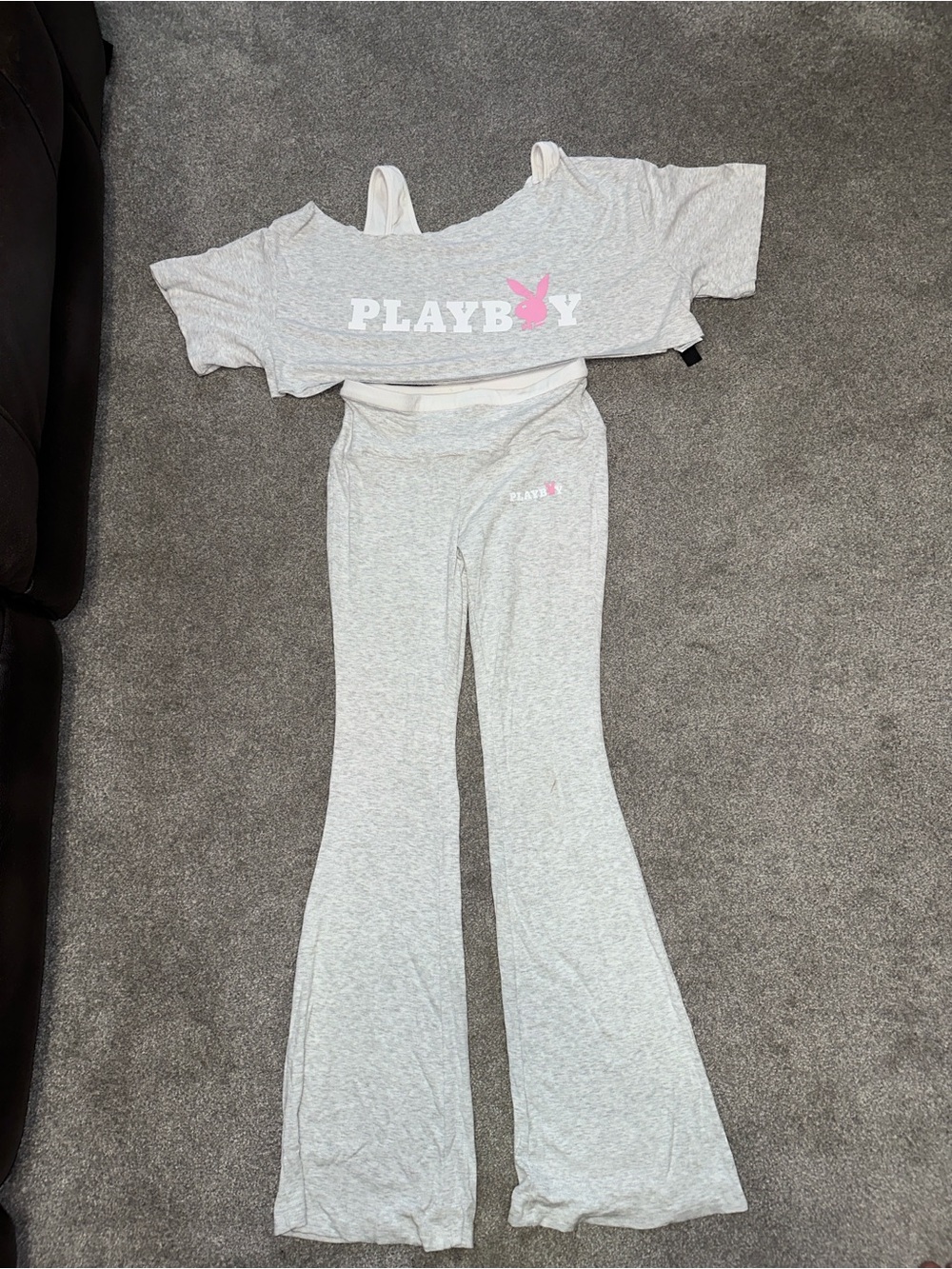 Missguided X PLAYBOY Light Gray Flare Sweatpants Set with Pink Logo